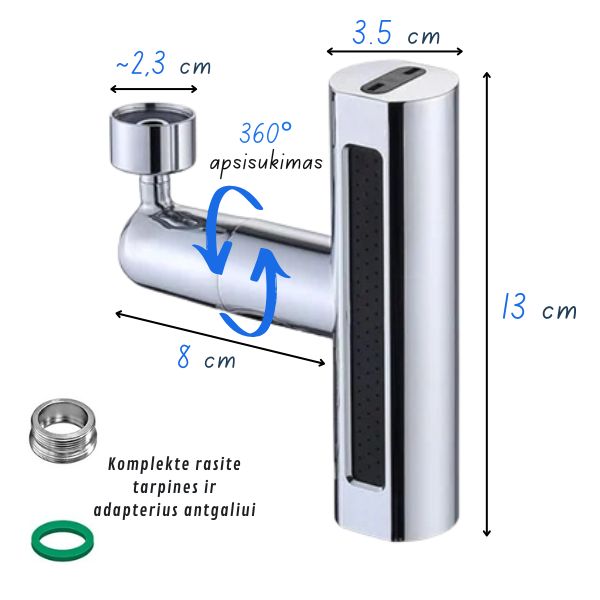 360° pasukamas čiaupo antgalis su 4 purškimo režimais – taupesnis ir galingesnis plovimas