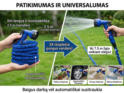 Išsitempianti sodo žarna su daugiafunkciu purkštuvu – lengvas laistymas be jokių mazgų ir sunkių nešulių
