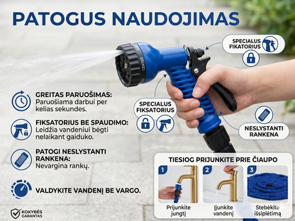 Išsitempianti sodo žarna su daugiafunkciu purkštuvu – lengvas laistymas be jokių mazgų ir sunkių nešulių