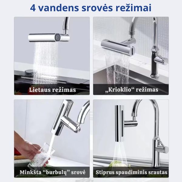 360° pasukamas čiaupo antgalis su 4 purškimo režimais – taupesnis ir galingesnis plovimas