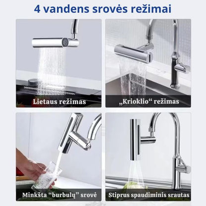 360° pasukamas čiaupo antgalis su 4 purškimo režimais – taupesnis ir galingesnis plovimas